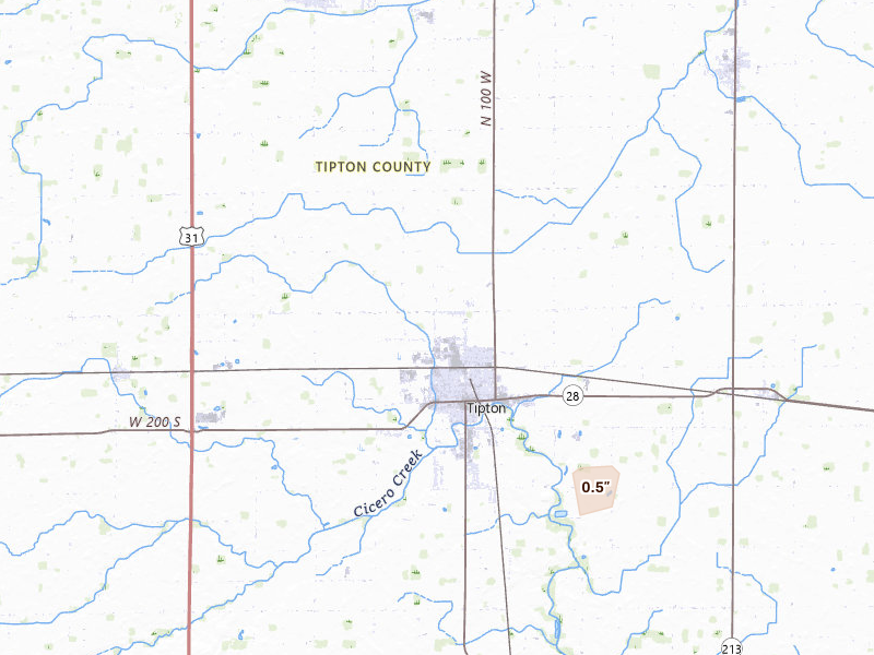 Radar-estimated hail-size map of the storm over Tipton, IN on Jul 4, 2026