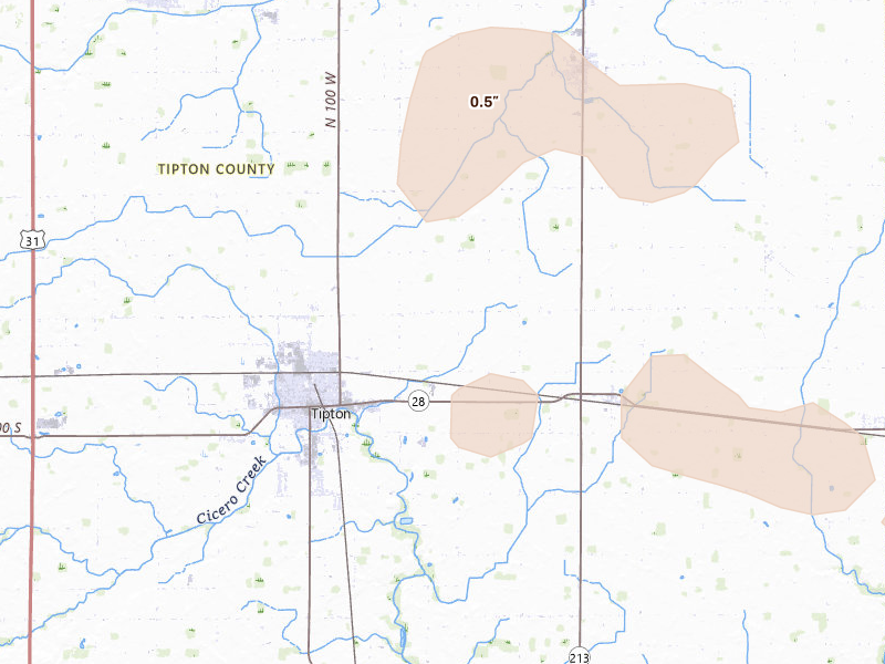 Radar-estimated hail-size map of the storm over Tipton, IN on Aug 11, 2026