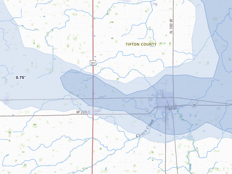 NEXRAD radar-signature map of the hail storm over Tipton, IN on Aug 11, 2026