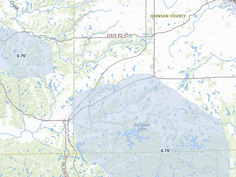 NEXRAD radar-signature map of the hail storm over Trafalgar, IN on Mar 22, 2026