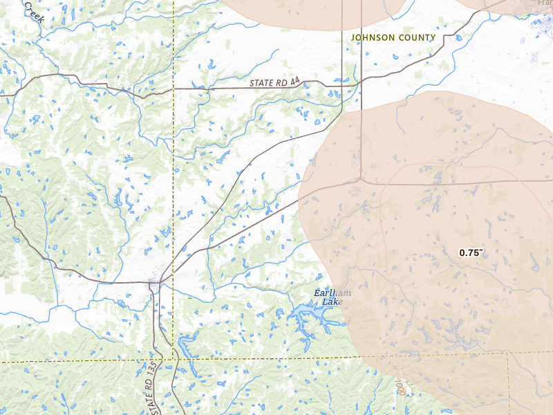 Radar-estimated hail-size map of the storm over Trafalgar, IN on Jul 27, 2026