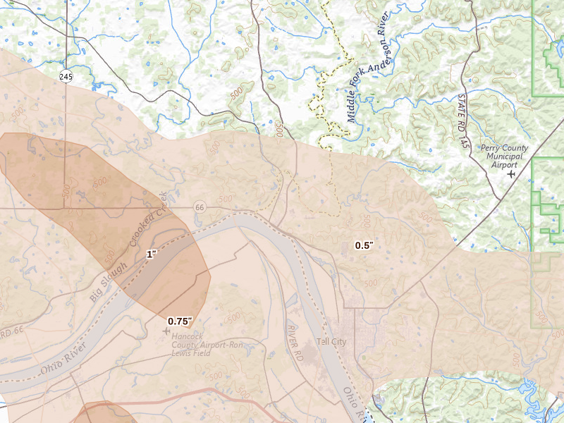 Radar-estimated hail-size map of the storm over Troy, IN on Aug 12, 2026