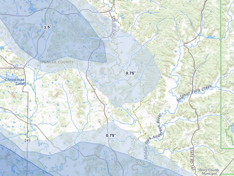 NEXRAD radar-signature map of the hail storm over Troy, IN on Aug 12, 2026