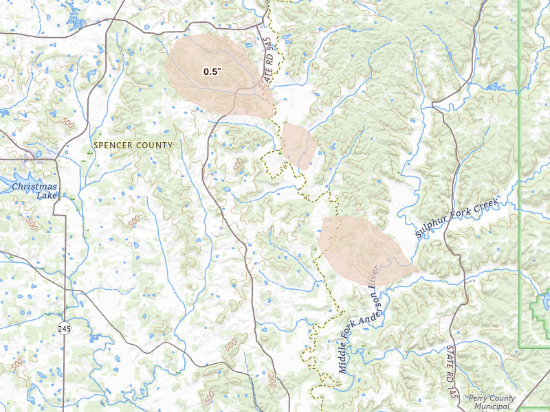 Radar-estimated hail-size map of the storm over Troy, IN on Aug 26, 2026