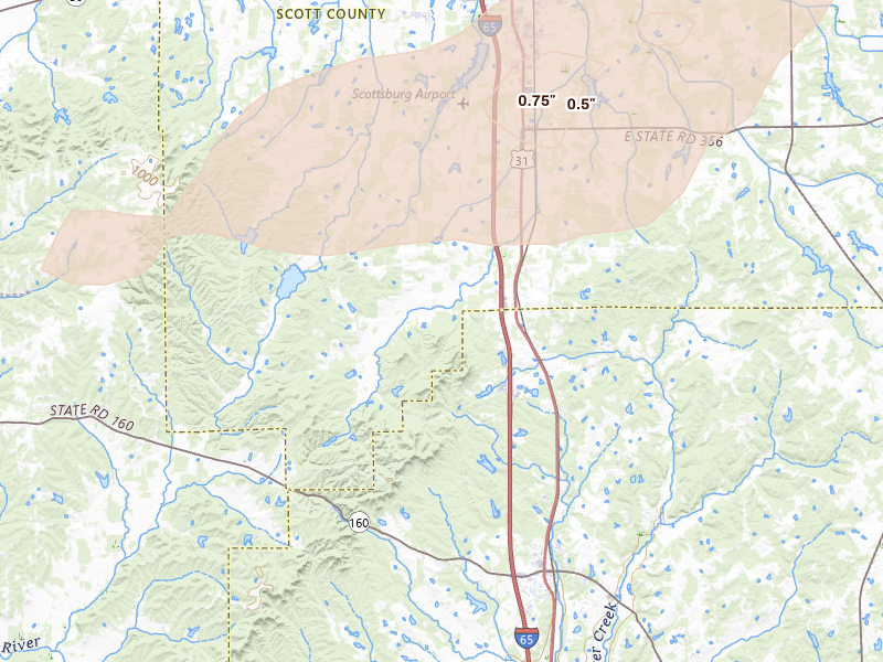 Radar-estimated hail-size map of the storm over Underwood, IN on Apr 27, 2026