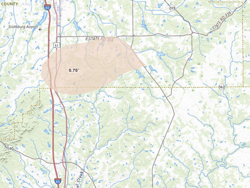 Radar-estimated hail-size map of the storm over Underwood, IN on Aug 13, 2026