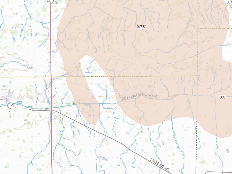 Radar-estimated hail-size map of the storm over Union City, IN on Aug 11, 2026