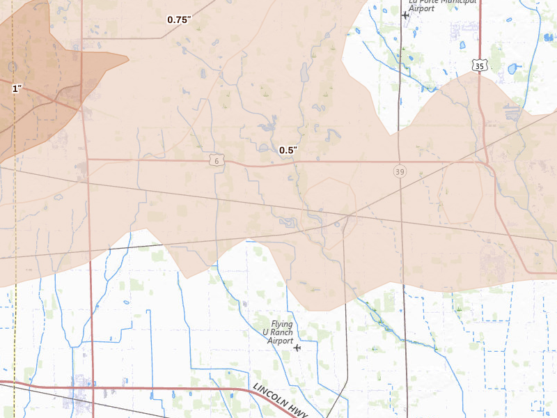Radar-estimated hail-size map of the storm over Union Mills, IN on Mar 10, 2026