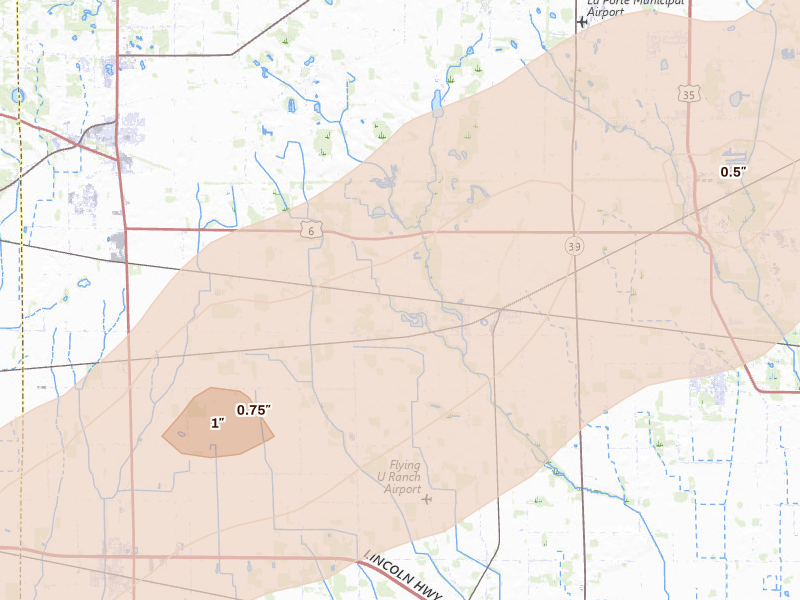 Radar-estimated hail-size map of the storm over Union Mills, IN on Jun 11, 2026