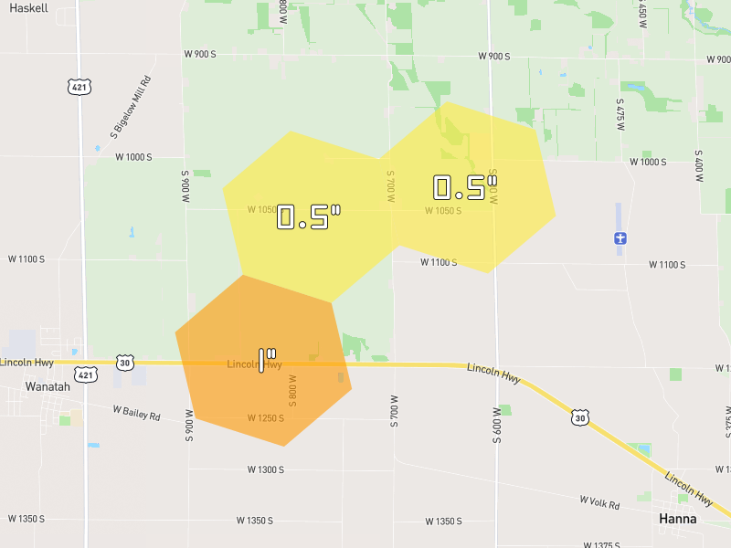 Hail map of Union Mills, IN on Jul 4, 2026, hail up to 1"
