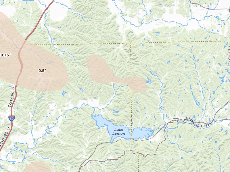 Radar-estimated hail-size map of the storm over Unionville, IN on Aug 11, 2026