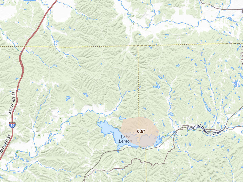 Radar-estimated hail-size map of the storm over Unionville, IN on Aug 12, 2026
