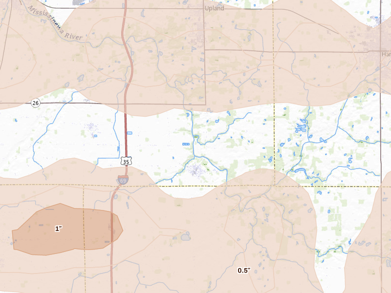 Radar-estimated hail-size map of the storm over Upland, IN on Mar 22, 2026