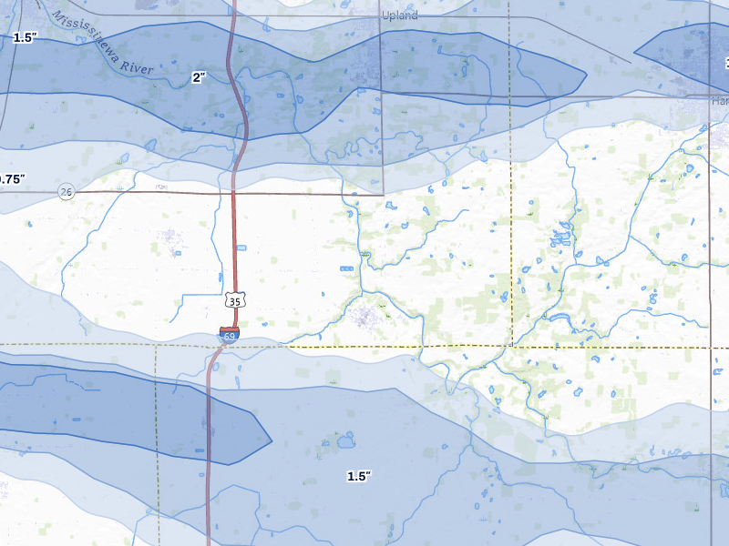 NEXRAD radar-signature map of the hail storm over Upland, IN on Mar 22, 2026