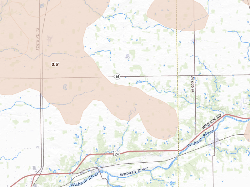 Radar-estimated hail-size map of the storm over Urbana, IN on Aug 10, 2026