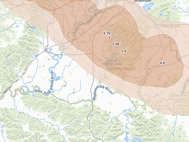 Radar-estimated hail-size map of the storm over Vallonia, IN on Jul 21, 2026