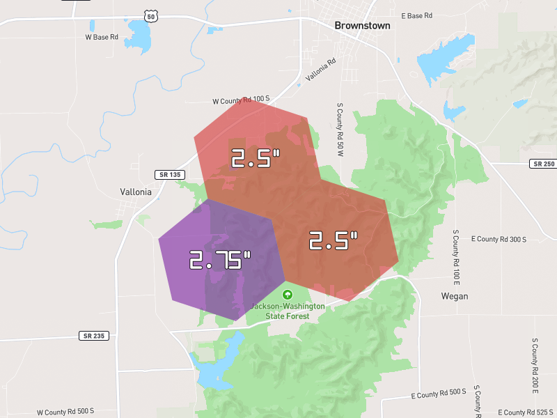Hail map of Vallonia, IN on Jul 21, 2026, hail up to 2.75"