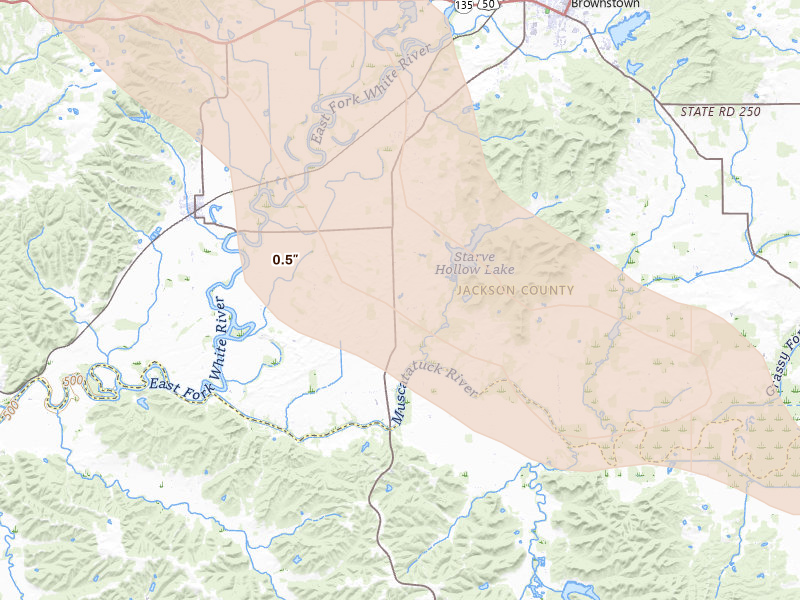 Radar-estimated hail-size map of the storm over Vallonia, IN on Aug 26, 2026