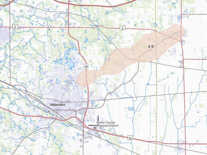 Radar-estimated hail-size map of the storm over Valparaiso, IN on Mar 6, 2026