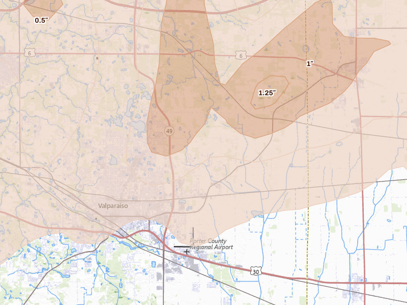 Radar-estimated hail-size map of the storm over Valparaiso, IN on Mar 10, 2026