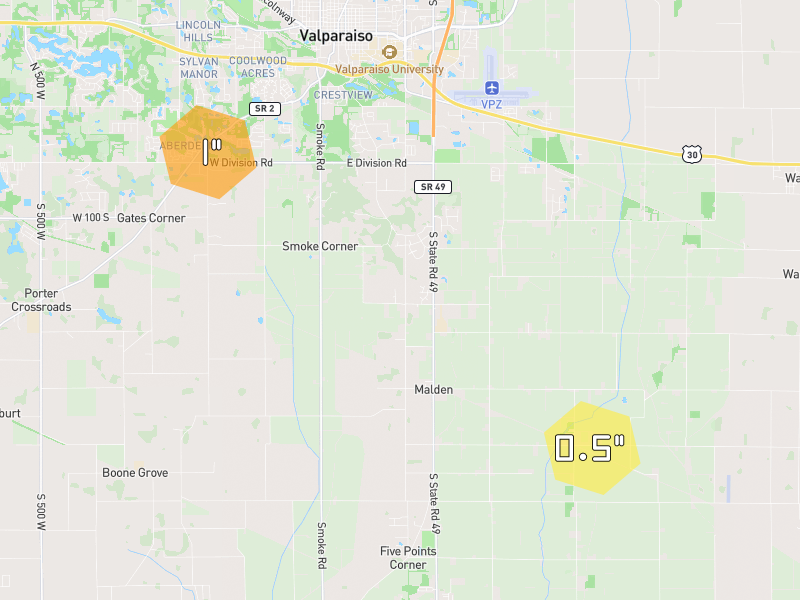 Hail map of Valparaiso, IN on Jun 6, 2026, hail up to 1"