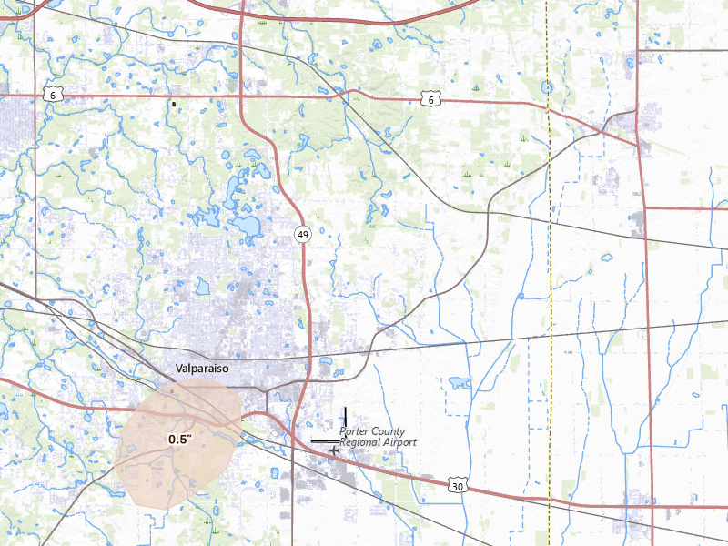 Radar-estimated hail-size map of the storm over Valparaiso, IN on Jul 3, 2026