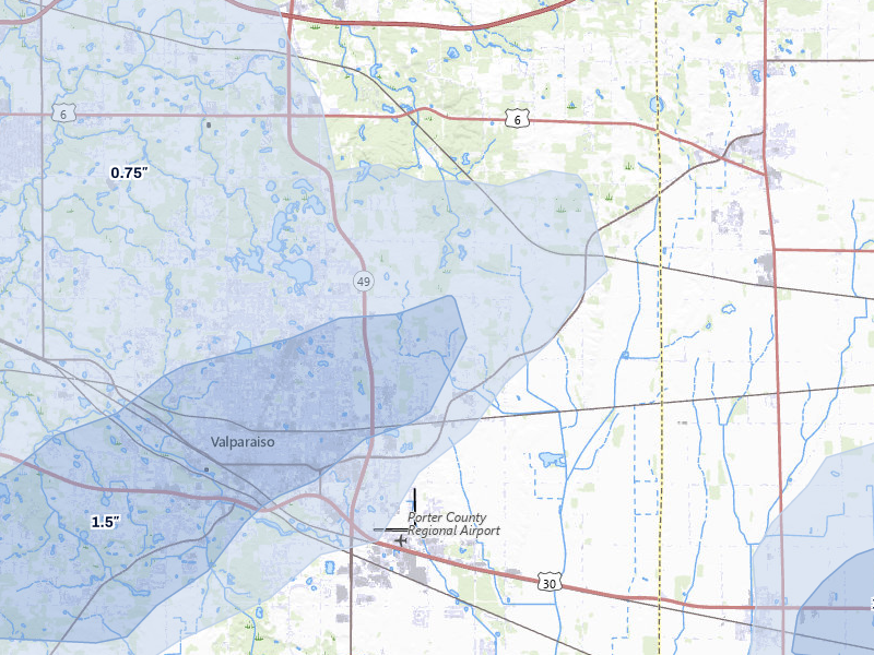 NEXRAD radar-signature map of the hail storm over Valparaiso, IN on Jul 3, 2026