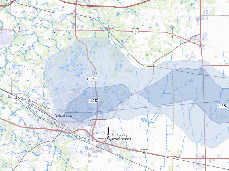 NEXRAD radar-signature map of the hail storm over Valparaiso, IN on Jul 20, 2026