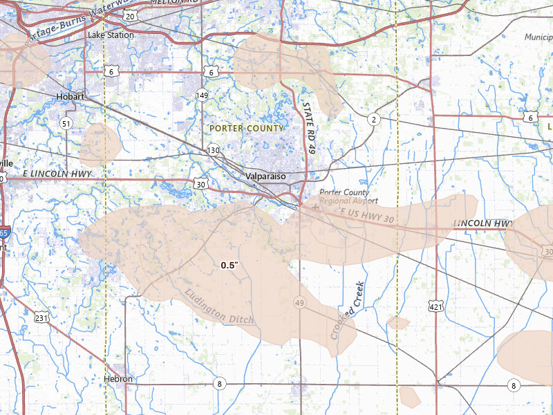 Radar-estimated hail-size map of the storm over Valparaiso, IN on Aug 9, 2026