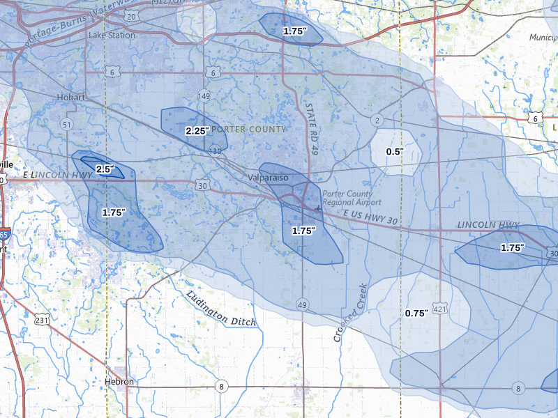 NEXRAD radar-signature map of the hail storm over Valparaiso, IN on Aug 9, 2026
