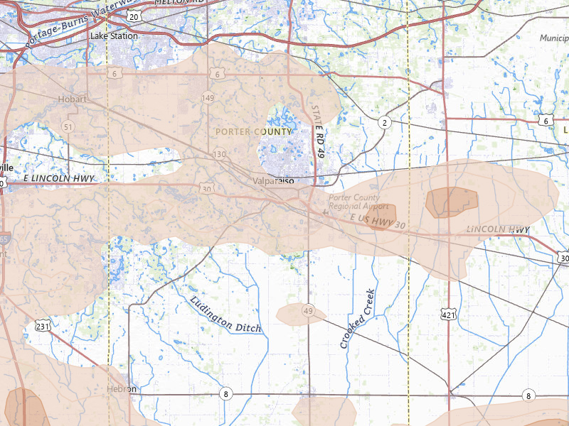 Radar-estimated hail-size map of the storm over Valparaiso, IN on Aug 11, 2026
