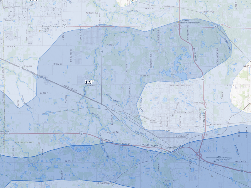 NEXRAD radar-signature map of the hail storm over Valparaiso, IN on Aug 11, 2026