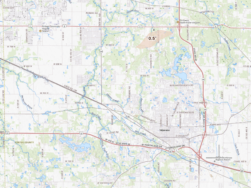 Radar-estimated hail-size map of the storm over Valparaiso, IN