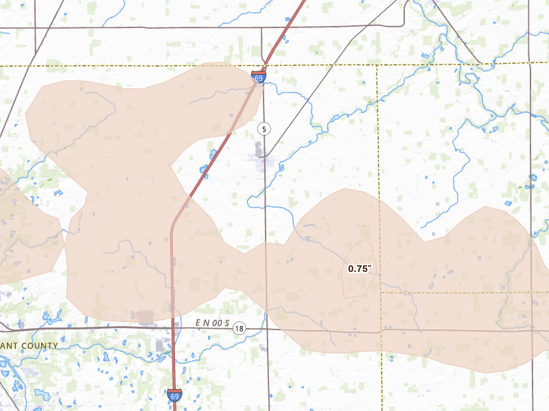 Radar-estimated hail-size map of the storm over Van Buren, IN on Mar 22, 2026