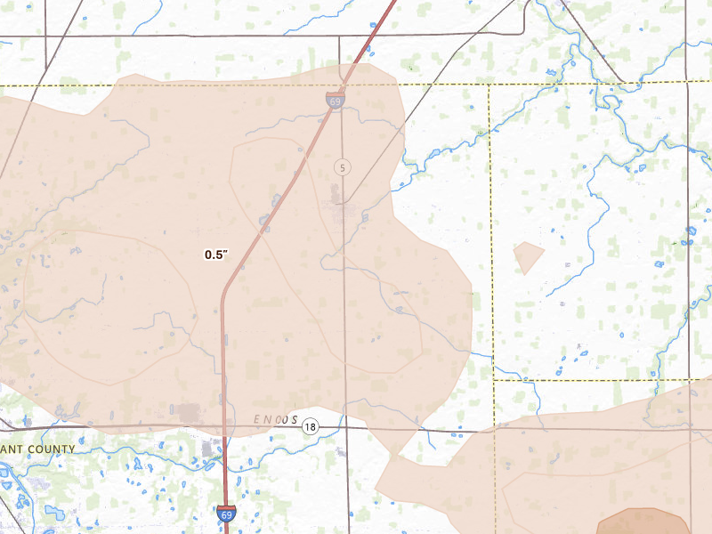 Radar-estimated hail-size map of the storm over Van Buren, IN on Aug 11, 2026