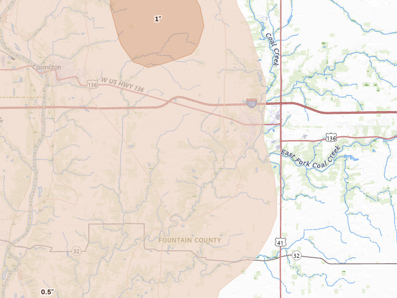 Radar-estimated hail-size map of the storm over Veedersburg, IN on Jul 27, 2026