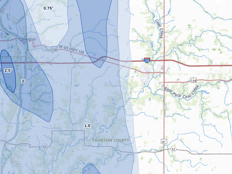 NEXRAD radar-signature map of the hail storm over Veedersburg, IN on Jul 27, 2026
