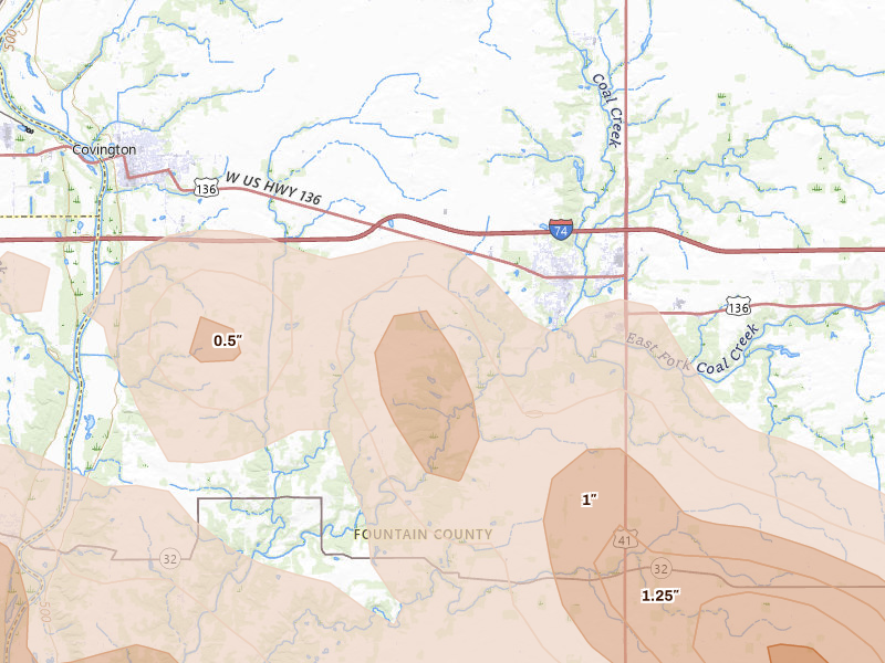 Radar-estimated hail-size map of the storm over Veedersburg, IN on Aug 11, 2026
