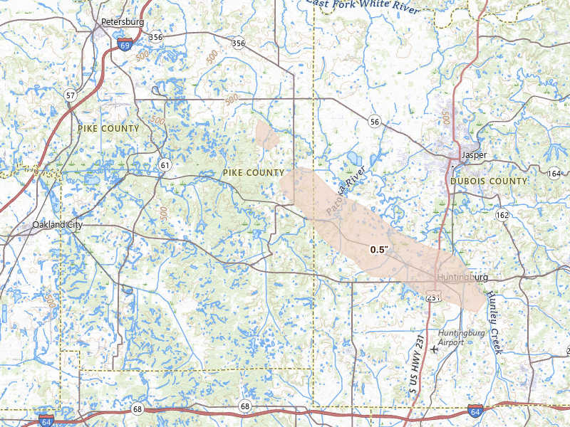 Radar-estimated hail-size map of the storm over Velpen, IN on Jul 21, 2026