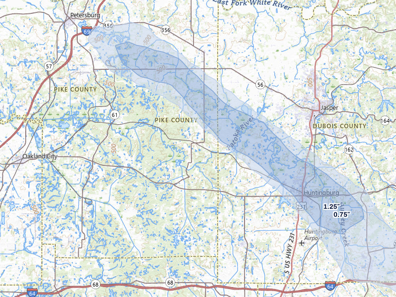 NEXRAD radar-signature map of the hail over Velpen, IN