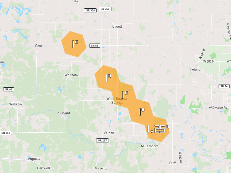 Hail map of Velpen, IN on Jul 21, 2026, hail up to 1.25"
