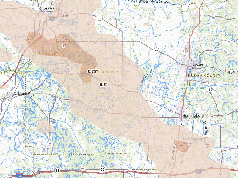 Radar-estimated hail-size map of the storm over Velpen, IN on Aug 12, 2026