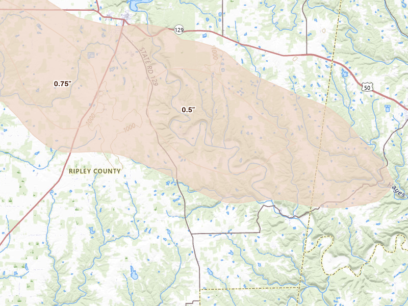 Radar-estimated hail-size map of the storm over Versailles, IN on Jul 21, 2026