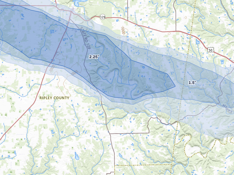 NEXRAD radar-signature map of the hail over Versailles, IN