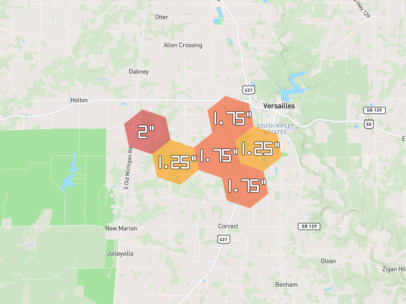 Hail map of Versailles, IN on Jul 21, 2026, hail up to 2"