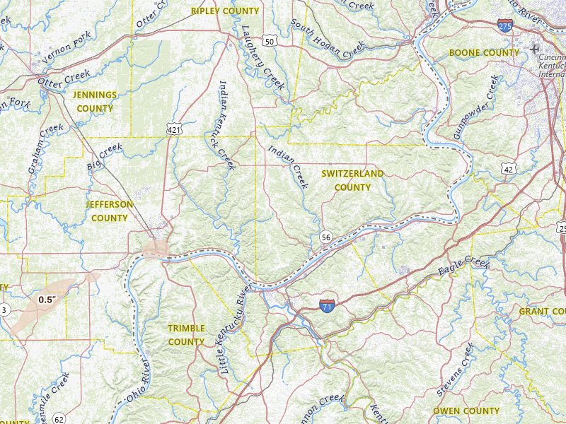 Radar-estimated hail-size map of the storm over Vevay, IN on Apr 1, 2026