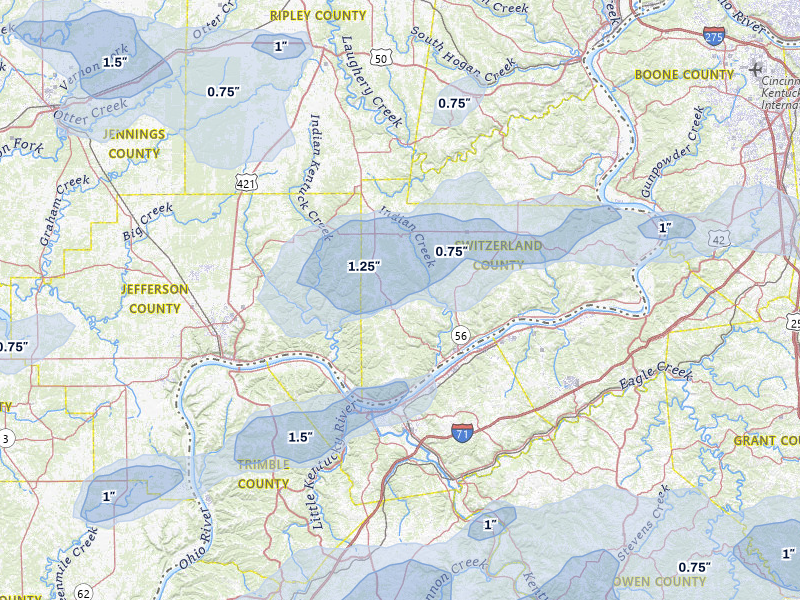 NEXRAD radar-signature map of the hail storm over Vevay, IN on May 16, 2026