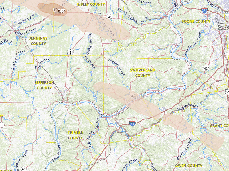 Radar-estimated hail-size map of the storm over Vevay, IN on Jul 21, 2026