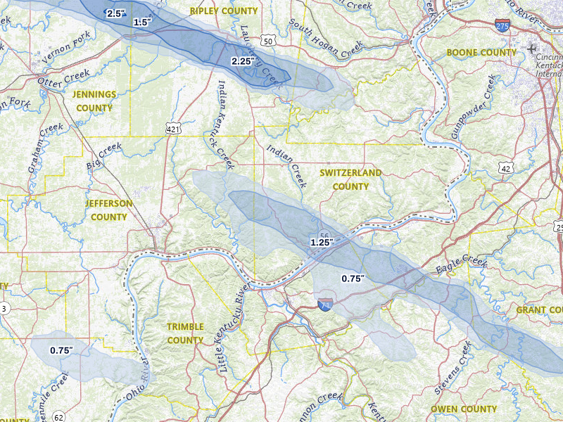 NEXRAD radar-signature map of the hail over Vevay, IN