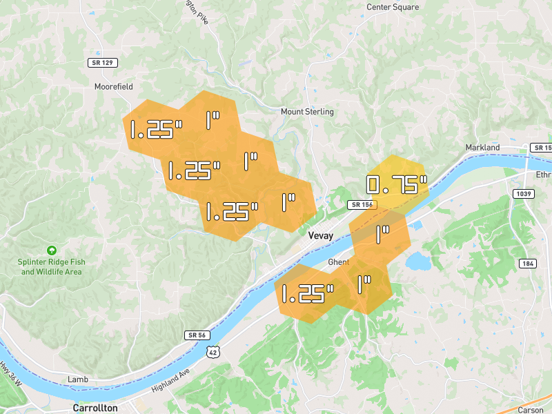 Hail map of Vevay, IN on Jul 21, 2026, hail up to 1.25"